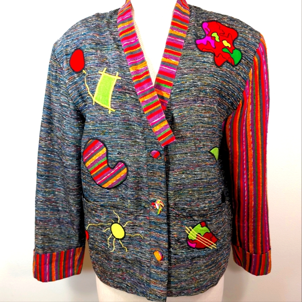 Vintage Graphio silk graphic embroidered clowncore 3 button blazer. Medium.